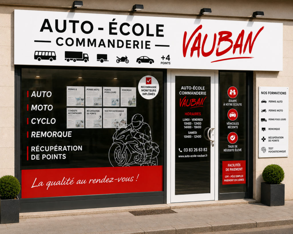 Façade Auto-École Vauban Commanderie à Nancy avec enseigne blanche et logo Vauban rouge, formations permis auto, moto et poids lourd
