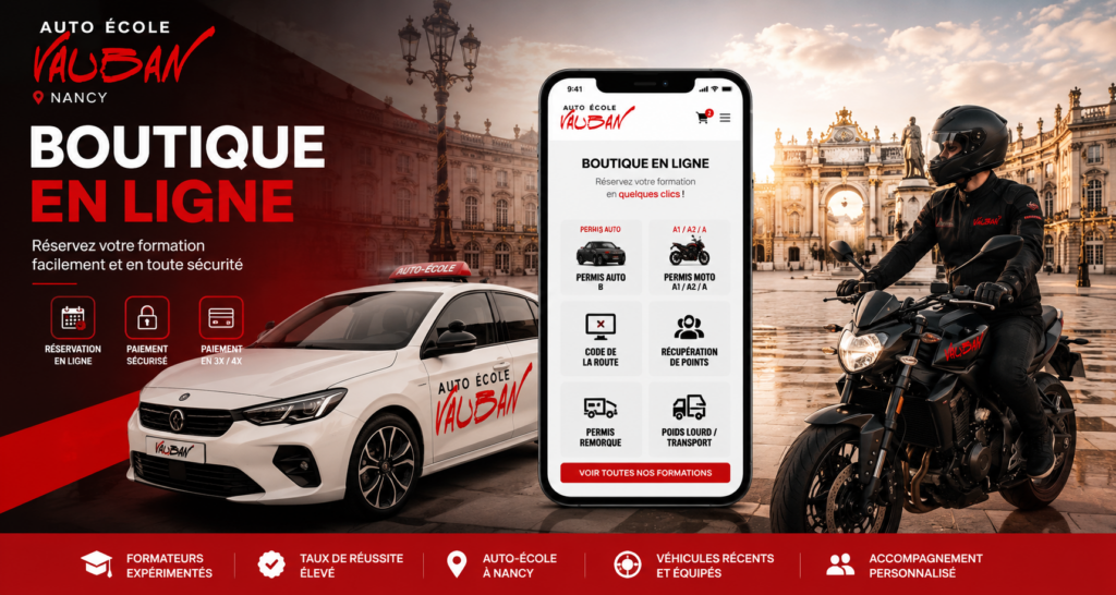 Boutique en ligne Auto École Vauban à Nancy avec réservation de formations permis auto, moto et poids lourd sur smartphone